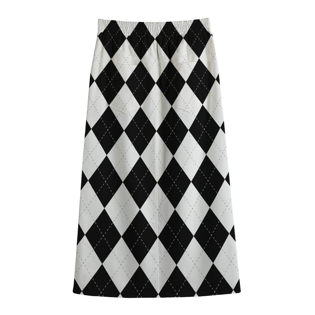 White And Black Argyle Pattern Print Cotton Front Slit Maxi Skirt