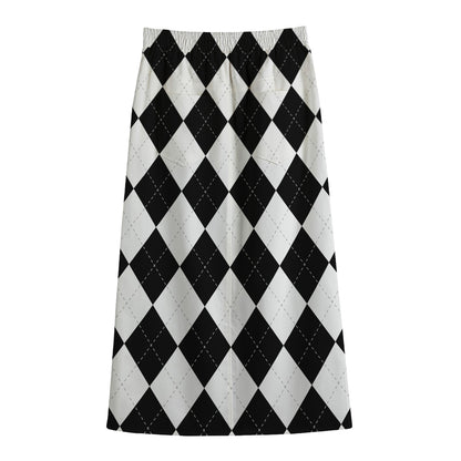 White And Black Argyle Pattern Print Cotton Front Slit Maxi Skirt