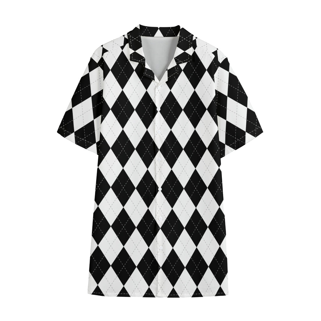 White And Black Argyle Pattern Print Cotton Hawaiian Shirt