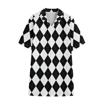 White And Black Argyle Pattern Print Cotton Hawaiian Shirt