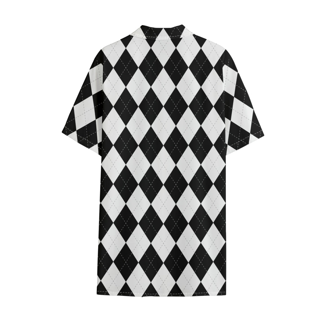 White And Black Argyle Pattern Print Cotton Hawaiian Shirt