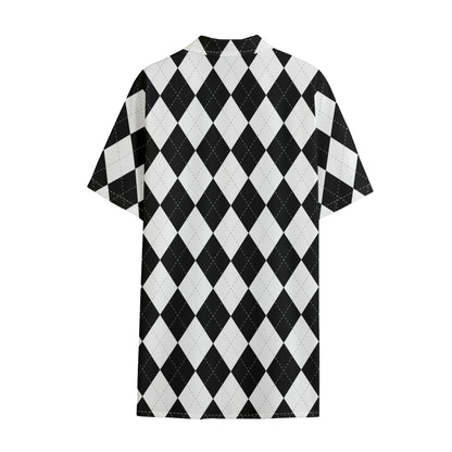 White And Black Argyle Pattern Print Cotton Hawaiian Shirt
