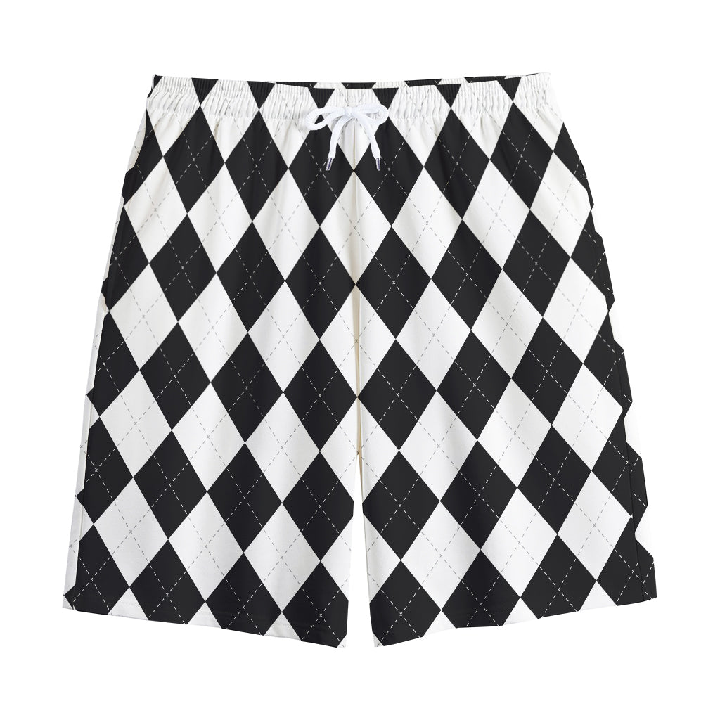 White And Black Argyle Pattern Print Cotton Shorts