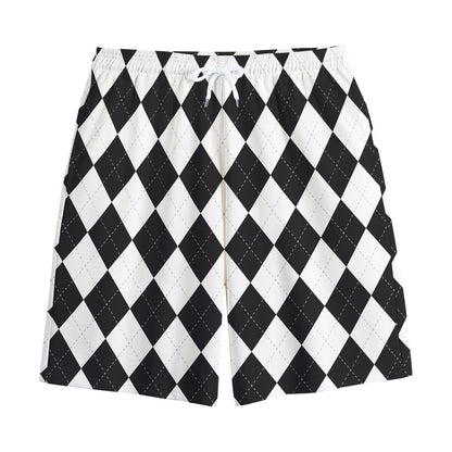 White And Black Argyle Pattern Print Cotton Shorts