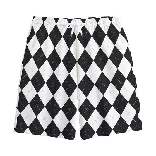 White And Black Argyle Pattern Print Cotton Shorts