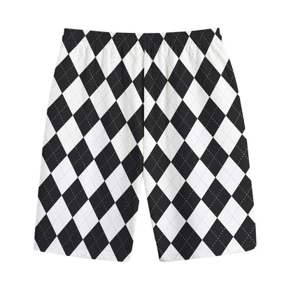 White And Black Argyle Pattern Print Cotton Shorts