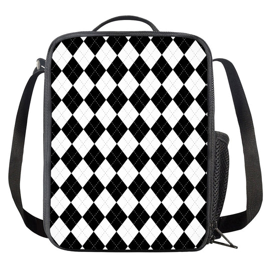 White And Black Argyle Pattern Print Crossbody Lunch Bag