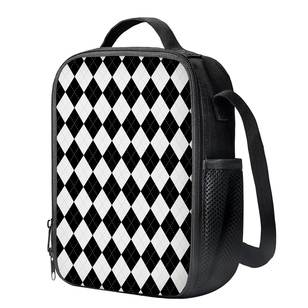 White And Black Argyle Pattern Print Crossbody Lunch Bag