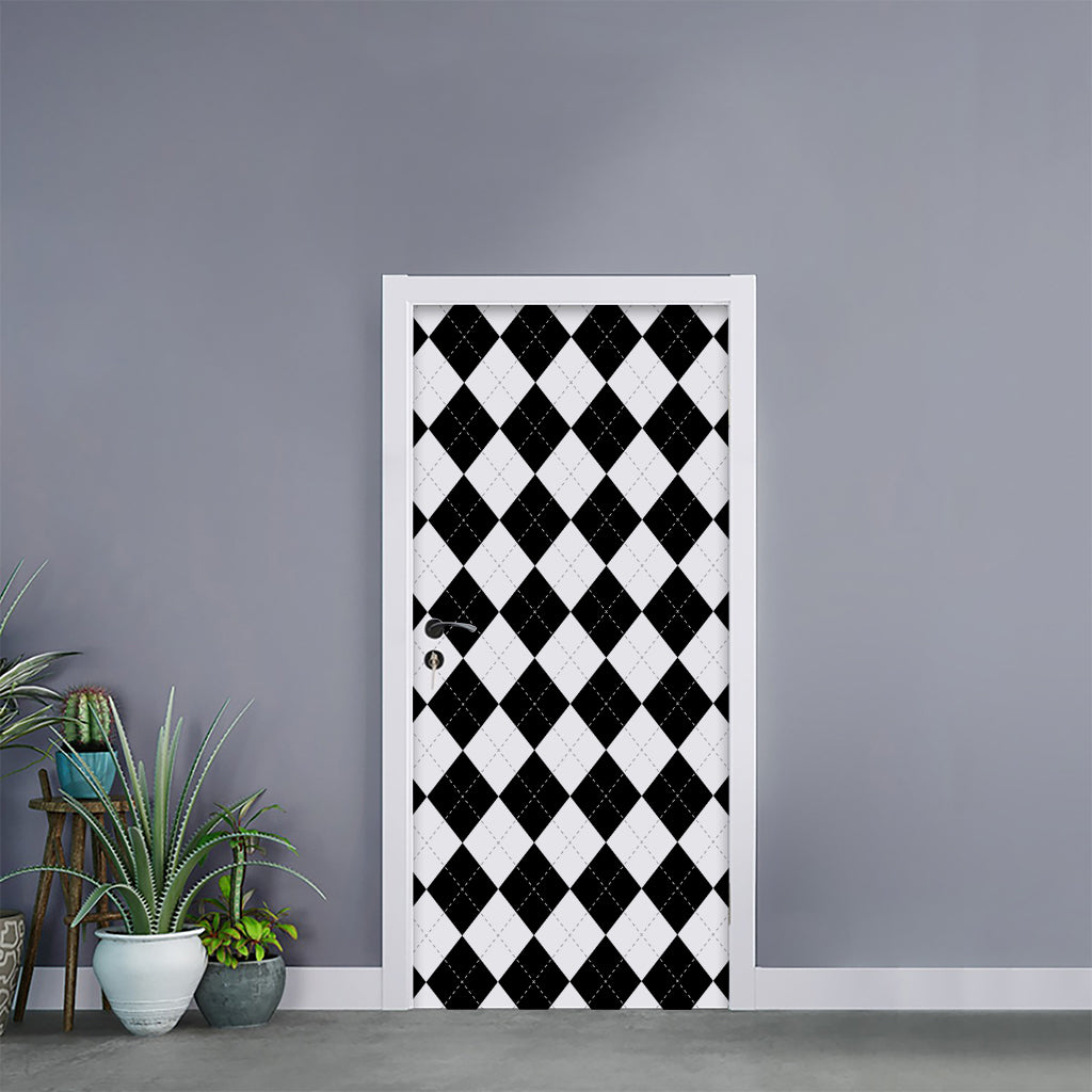 White And Black Argyle Pattern Print Door Sticker