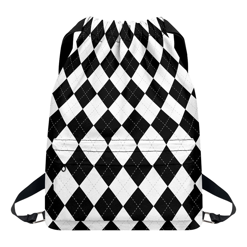 White And Black Argyle Pattern Print Drawstring Backpack