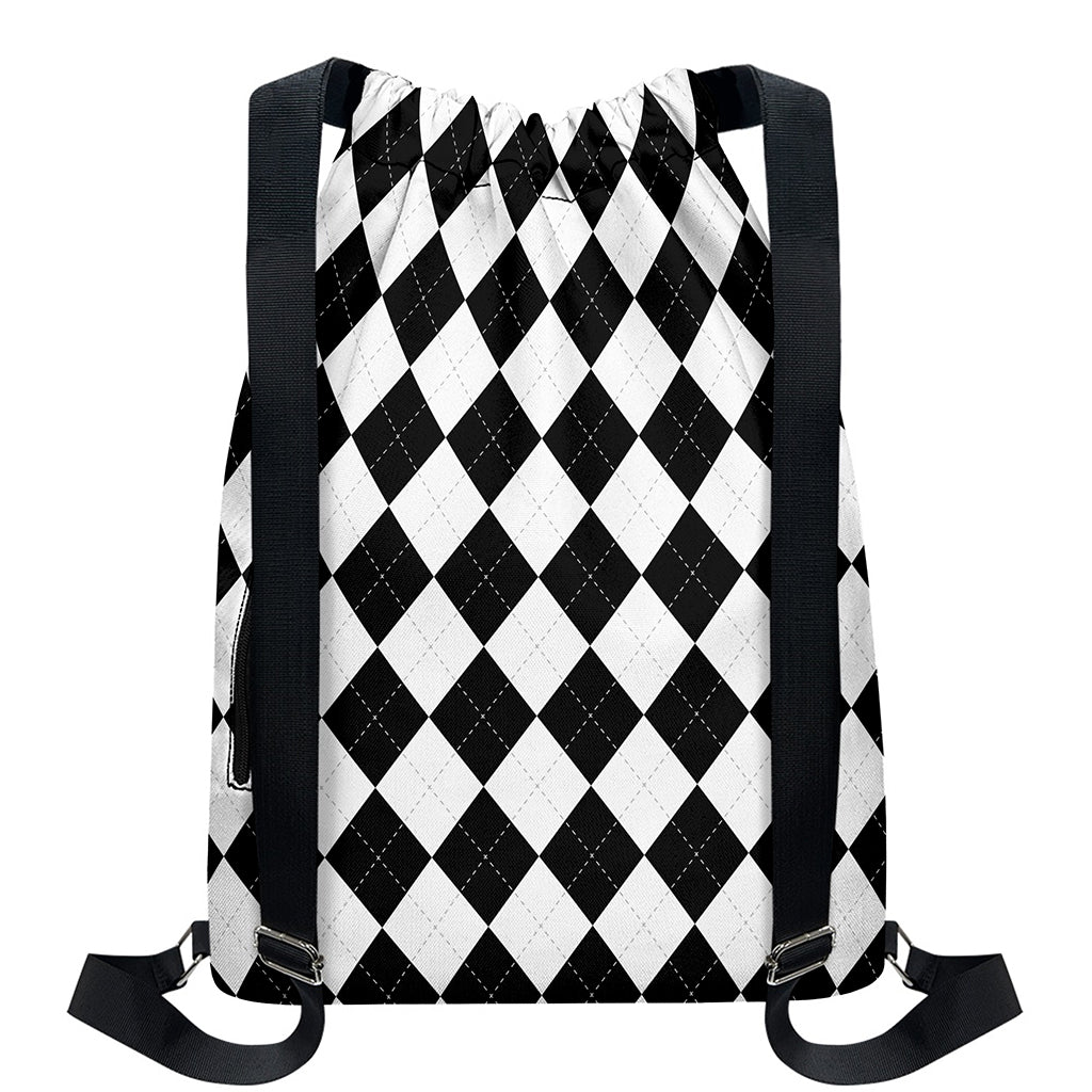White And Black Argyle Pattern Print Drawstring Backpack