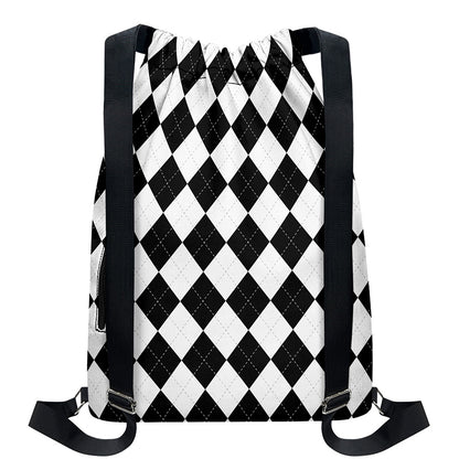 White And Black Argyle Pattern Print Drawstring Backpack
