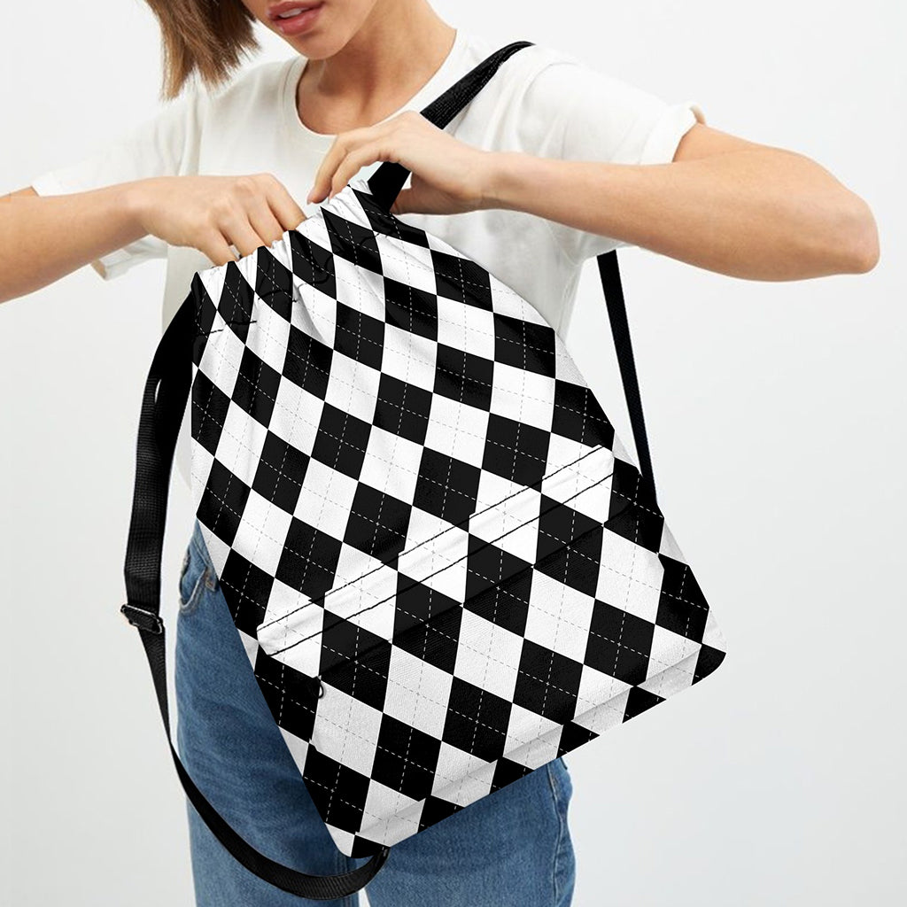 White And Black Argyle Pattern Print Drawstring Backpack