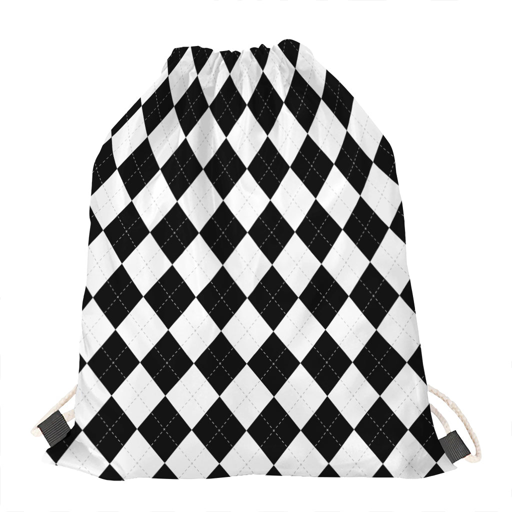 White And Black Argyle Pattern Print Drawstring Bag