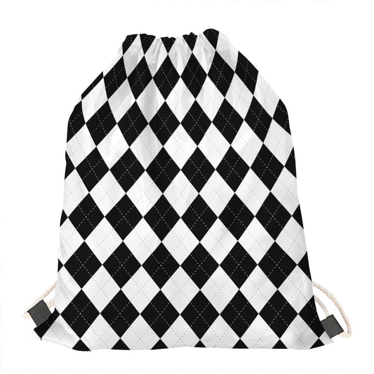 White And Black Argyle Pattern Print Drawstring Bag