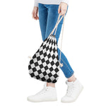 White And Black Argyle Pattern Print Drawstring Bag