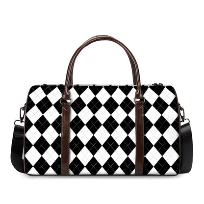 White And Black Argyle Pattern Print Duffle Bag