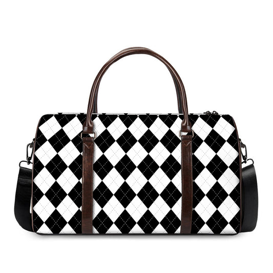 White And Black Argyle Pattern Print Duffle Bag
