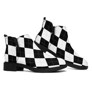 White And Black Argyle Pattern Print Flat Ankle Boots