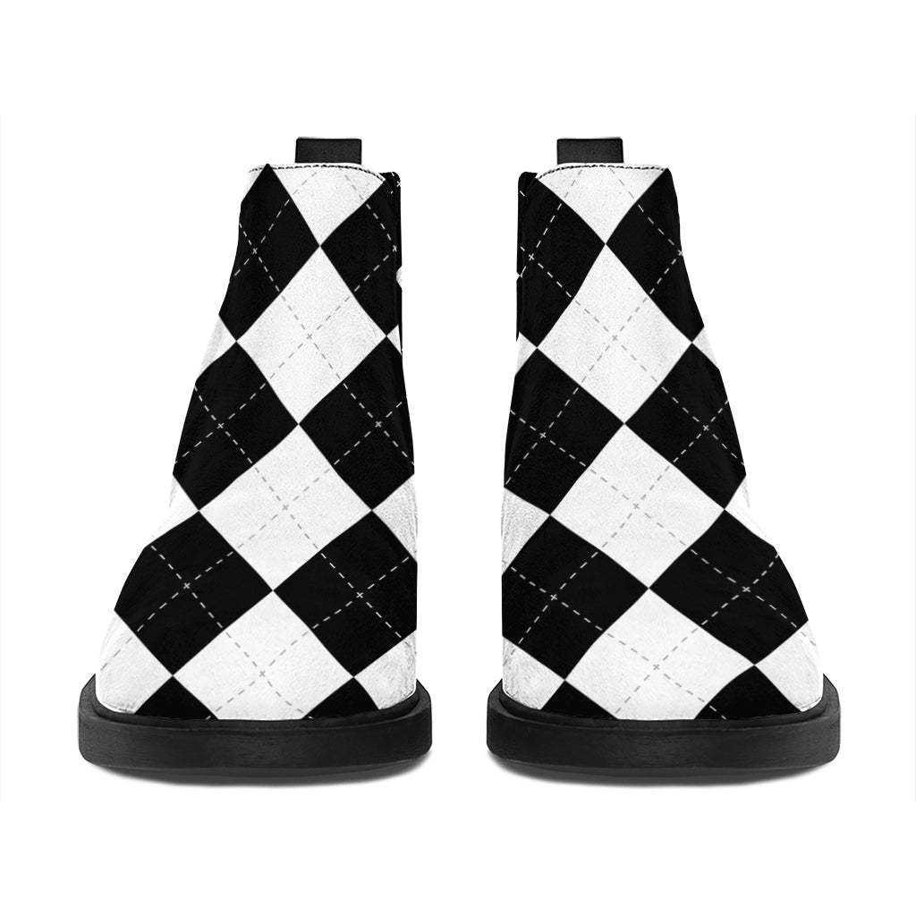 White And Black Argyle Pattern Print Flat Ankle Boots