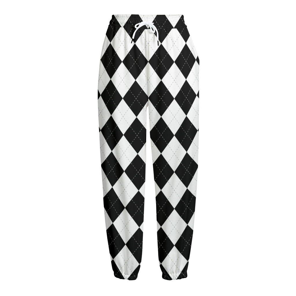 White And Black Argyle Pattern Print Fleece Lined Knit Pants