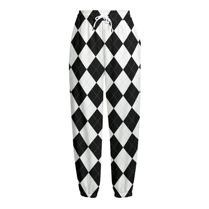 White And Black Argyle Pattern Print Fleece Lined Knit Pants