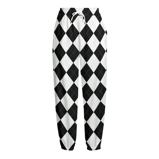 White And Black Argyle Pattern Print Fleece Lined Knit Pants