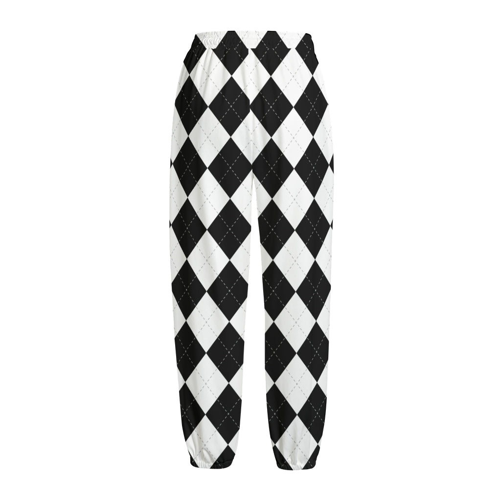 White And Black Argyle Pattern Print Fleece Lined Knit Pants