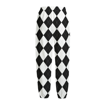 White And Black Argyle Pattern Print Fleece Lined Knit Pants