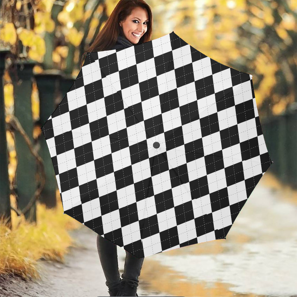 White And Black Argyle Pattern Print Foldable Umbrella