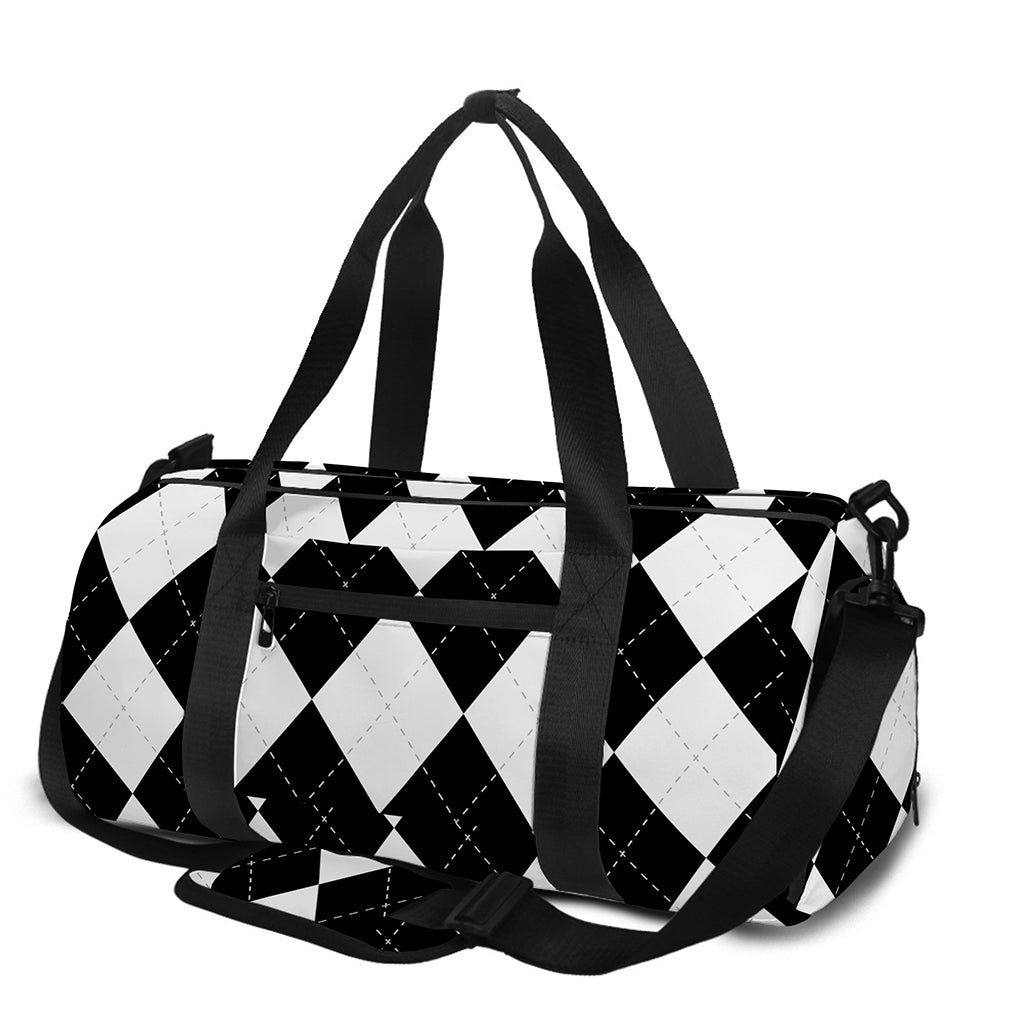 White And Black Argyle Pattern Print Gym Bag