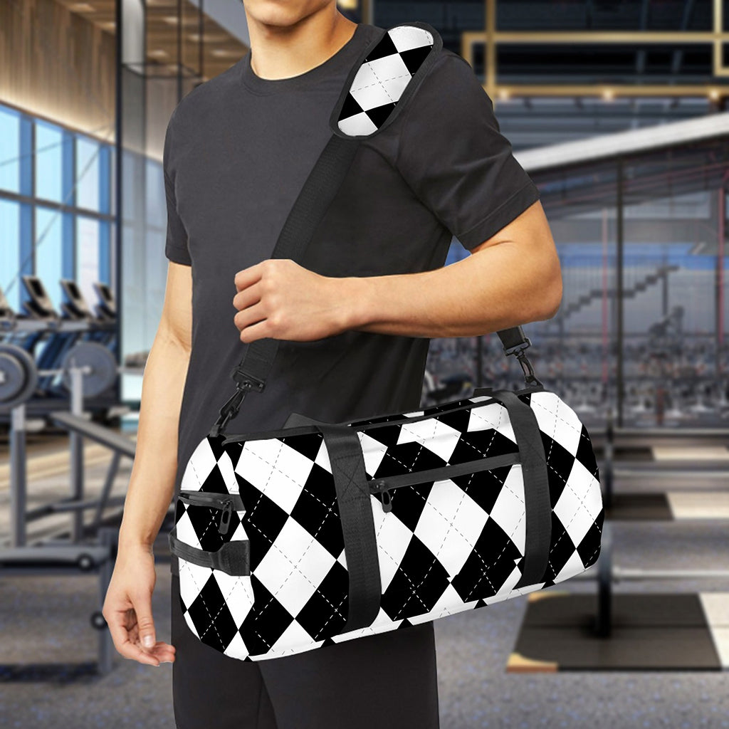 White And Black Argyle Pattern Print Gym Bag