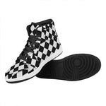 White And Black Argyle Pattern Print High Top Leather Sneakers
