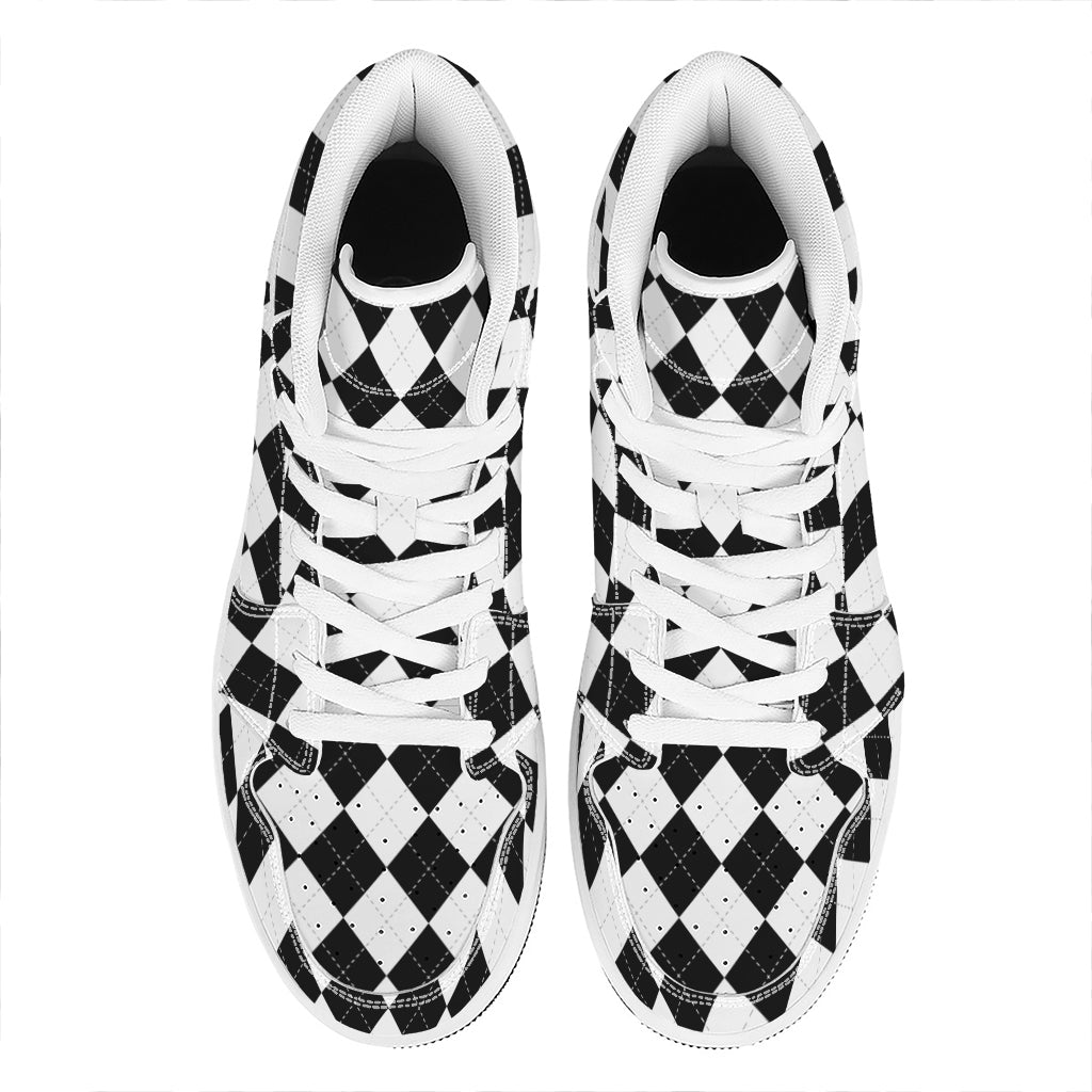 White And Black Argyle Pattern Print High Top Leather Sneakers