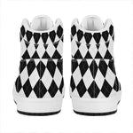 White And Black Argyle Pattern Print High Top Leather Sneakers