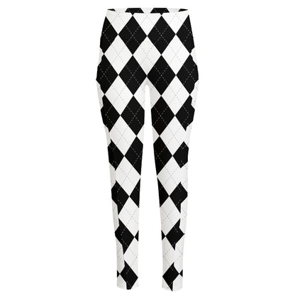 White And Black Argyle Pattern Print High-Waisted Pocket Leggings