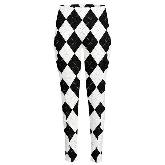 White And Black Argyle Pattern Print High-Waisted Pocket Leggings