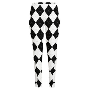 White And Black Argyle Pattern Print High-Waisted Pocket Leggings