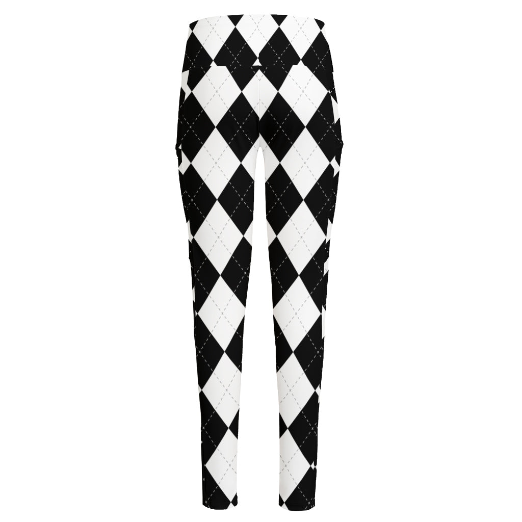 White And Black Argyle Pattern Print High-Waisted Pocket Leggings