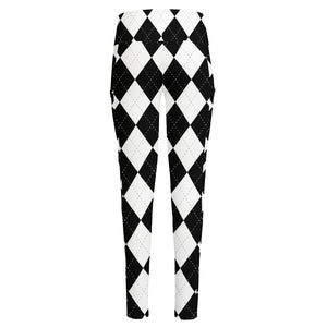 White And Black Argyle Pattern Print High-Waisted Pocket Leggings