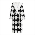 White And Black Argyle Pattern Print Hooded Bathrobe