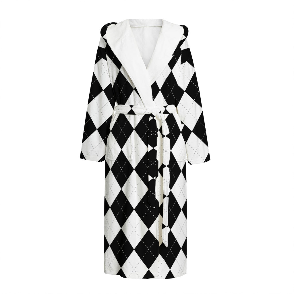 White And Black Argyle Pattern Print Hooded Bathrobe