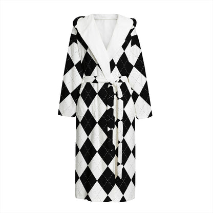 White And Black Argyle Pattern Print Hooded Bathrobe
