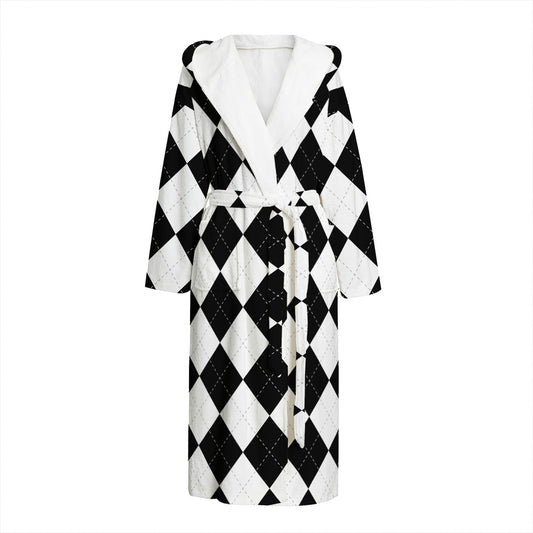 White And Black Argyle Pattern Print Hooded Bathrobe