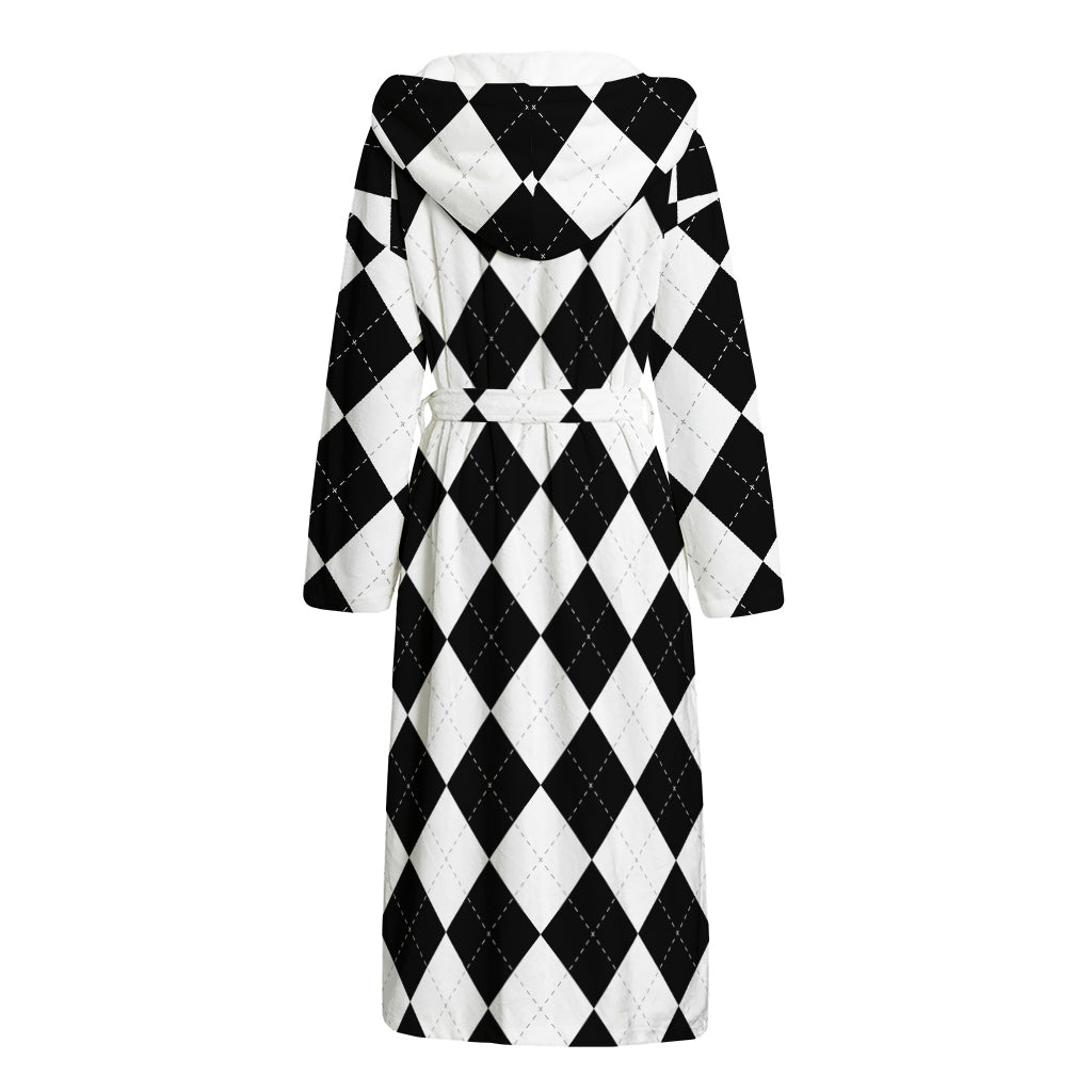 White And Black Argyle Pattern Print Hooded Bathrobe