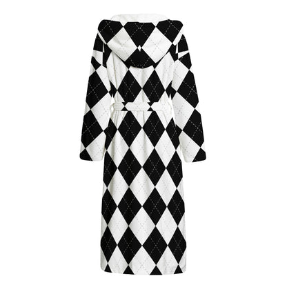 White And Black Argyle Pattern Print Hooded Bathrobe