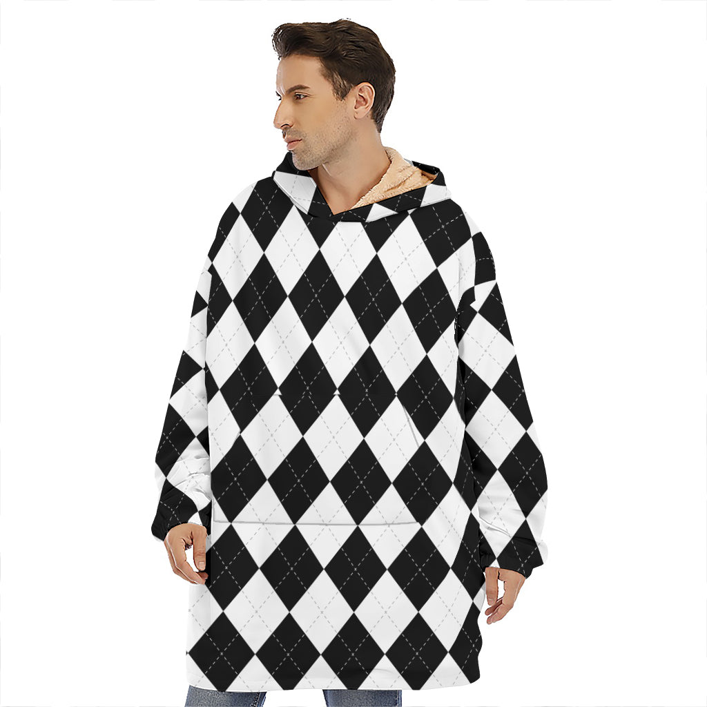 White And Black Argyle Pattern Print Hoodie Blanket