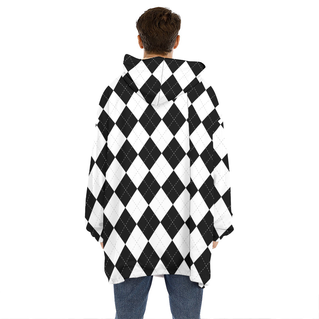 White And Black Argyle Pattern Print Hoodie Blanket