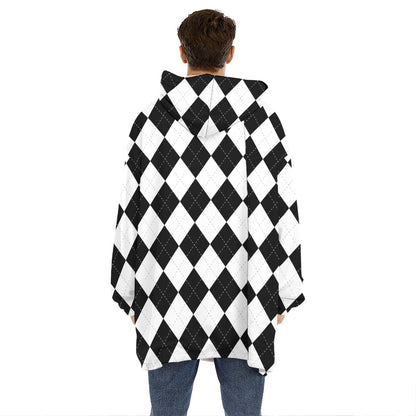 White And Black Argyle Pattern Print Hoodie Blanket