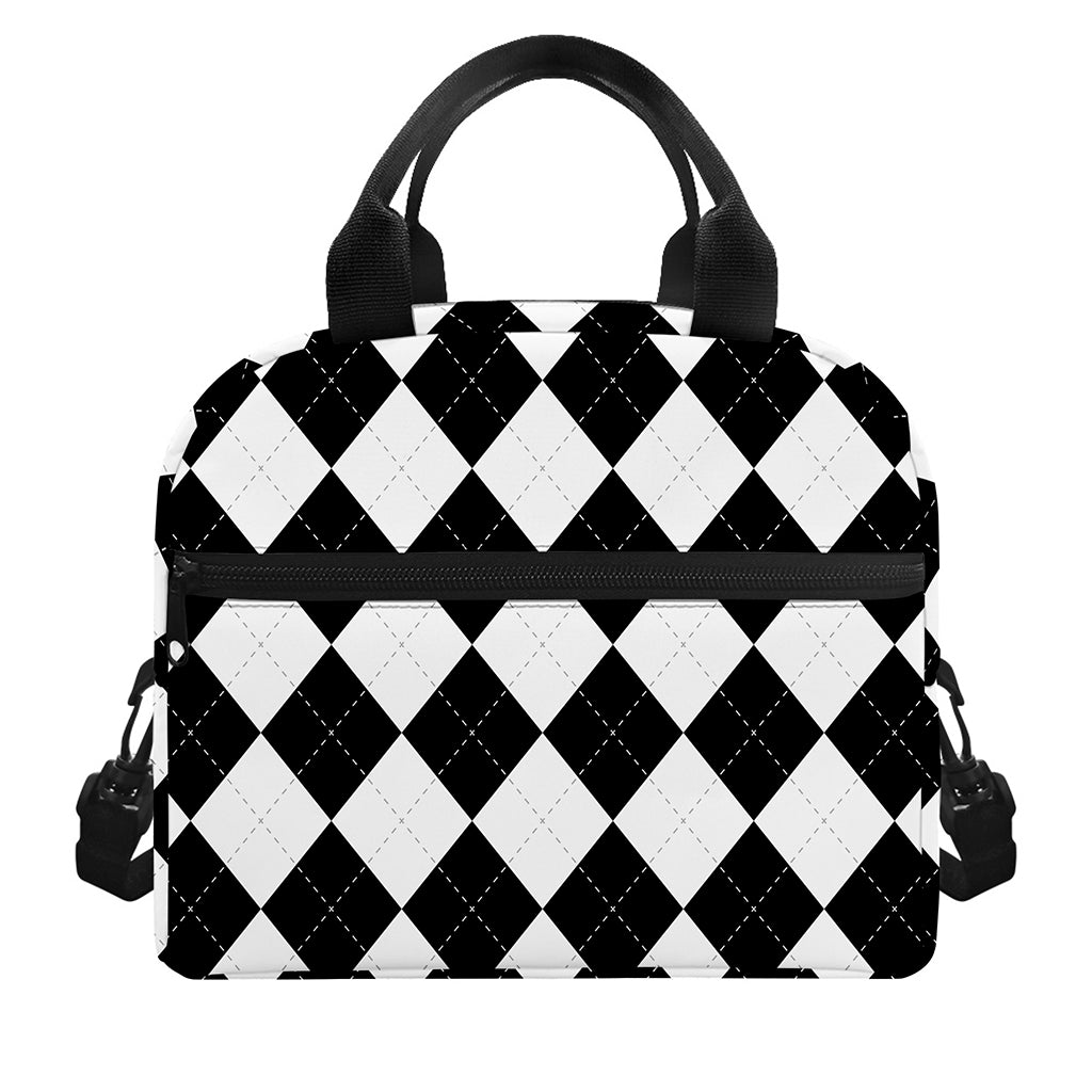 White And Black Argyle Pattern Print Insulated Lunch Bag